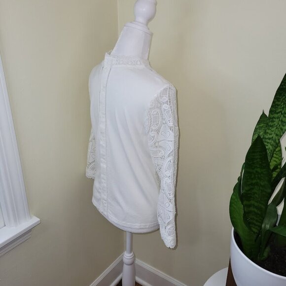 Anthropologie James Coviello Medallion Lace Front Mock Neck Ivory Blouse SZ SP - Picture 6 of 12